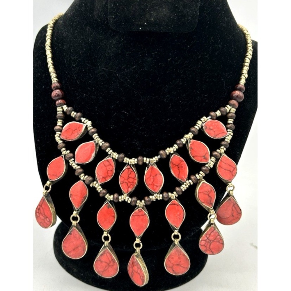 Afghan Necklace, Red Stones Tassels Necklace, Kuchi Nomadic Necklace 16"